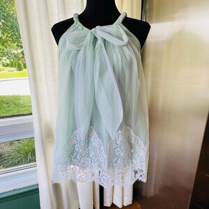Vintage 1960s chiffon babydoll, pastel mint green, halter neckline, large bowtie